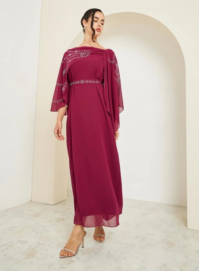 Styli Women Embellished Cape Sleeve Maxi Dress